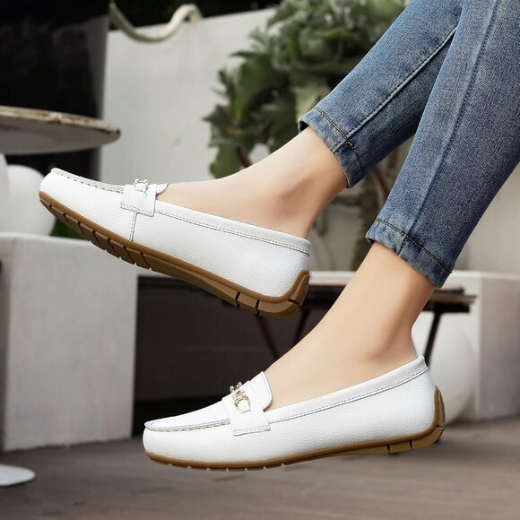 Kordal Women's White Leather Gold Accent Buckle Slip-Ons Walking Flats Loafers - Picture 7 of 9